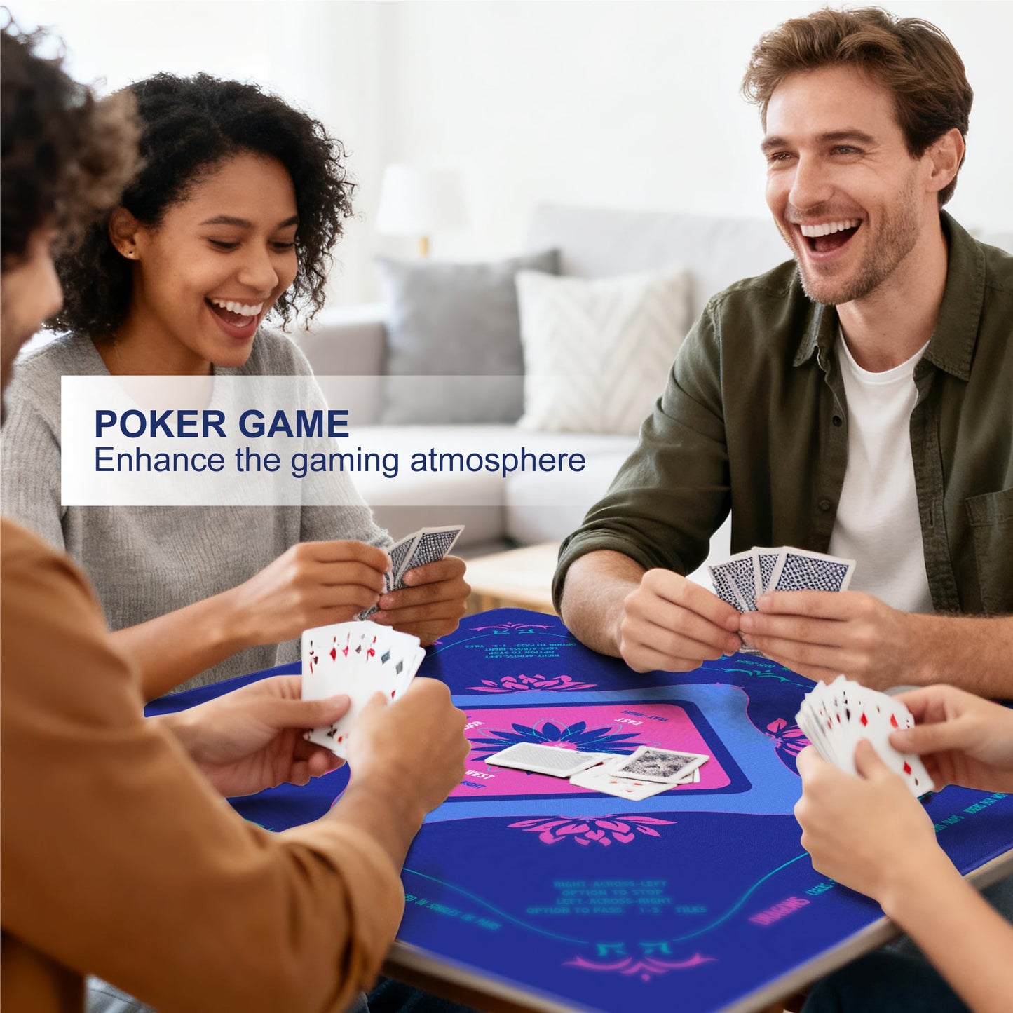 KUNTE Mahjong Mat for Table 32x32 in Blue – American Mahjong with Printed Rules, Non-Slip, Quiet and Foldable Table Cover