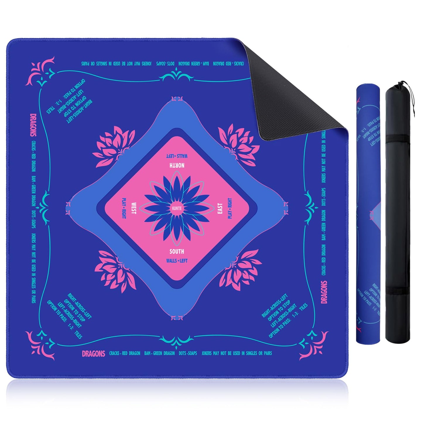 KUNTE Mahjong Mat for Table 32x32 in Blue – American Mahjong with Printed Rules, Non-Slip, Quiet and Foldable Table Cover