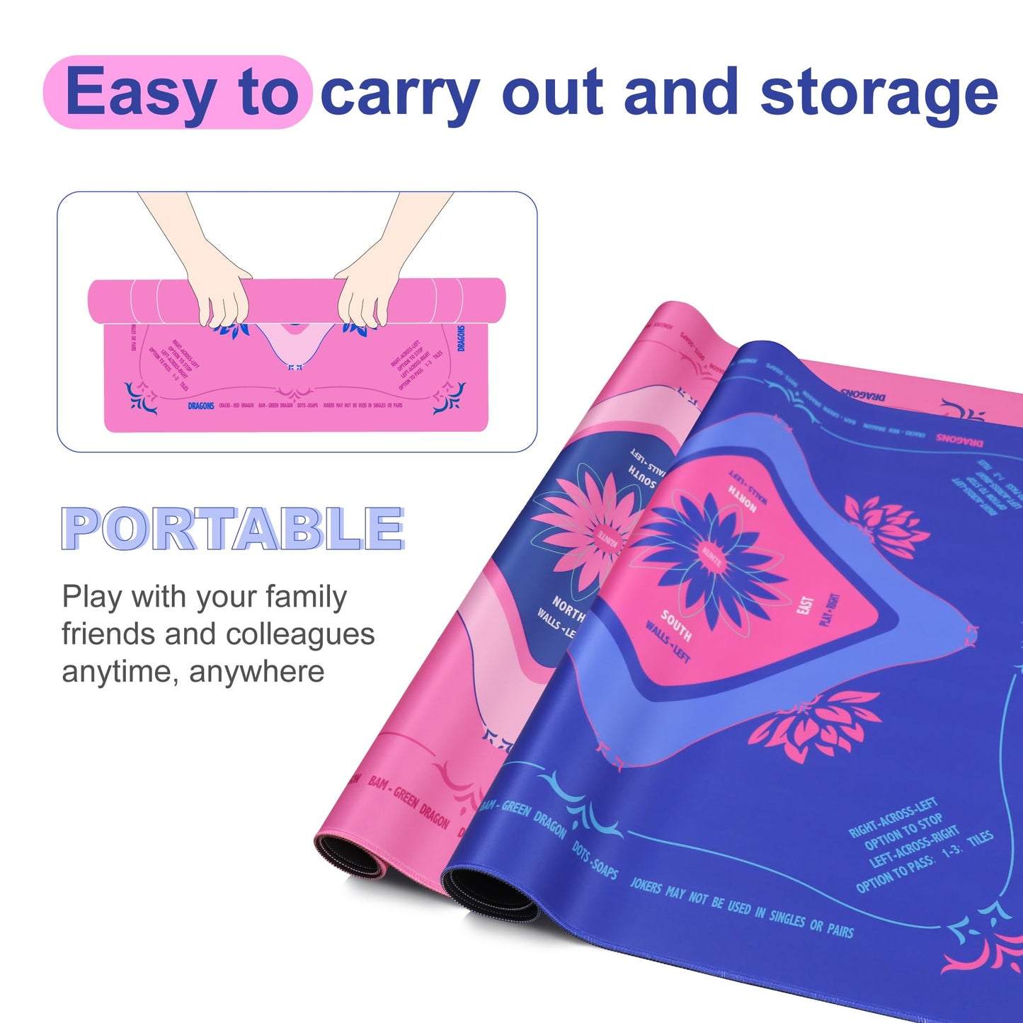 KUNTE Mahjong Mat for Table – 32x32 in Pink with Printed Rules | Non-Slip, Waterproof & Foldable