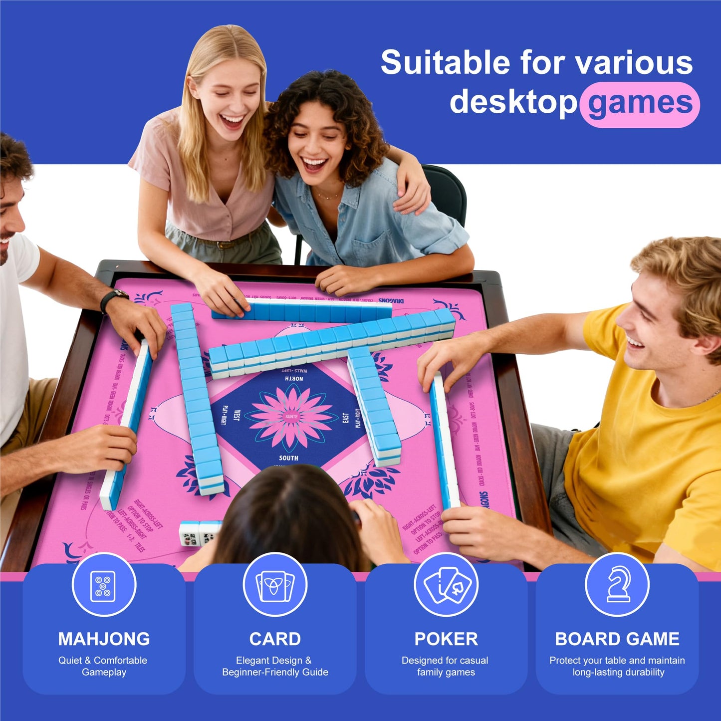 KUNTE Mahjong Mat for Table – 32x32 in Pink with Printed Rules | Non-Slip, Waterproof & Foldable