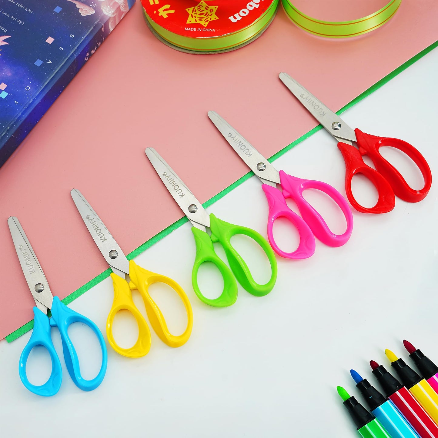 KUONIIY 5-Inch Kids Scissors with Soft Grip Handles – 30-Pack School Pack