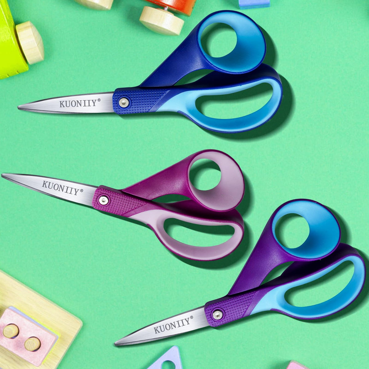KUONIIY Left-Handed Scissors – 7in Kids Scissors (3-Pack) for Ages 8+ | Real Left-Handed