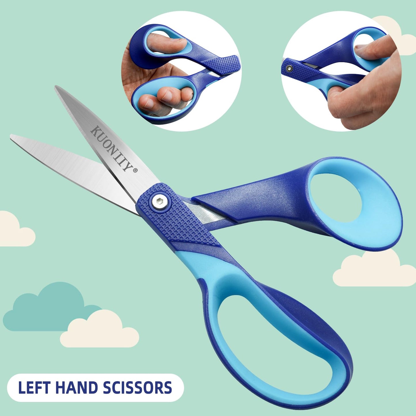 KUONIIY Left-Handed Scissors – 7in Kids Scissors (3-Pack) for Ages 8+ | Real Left-Handed