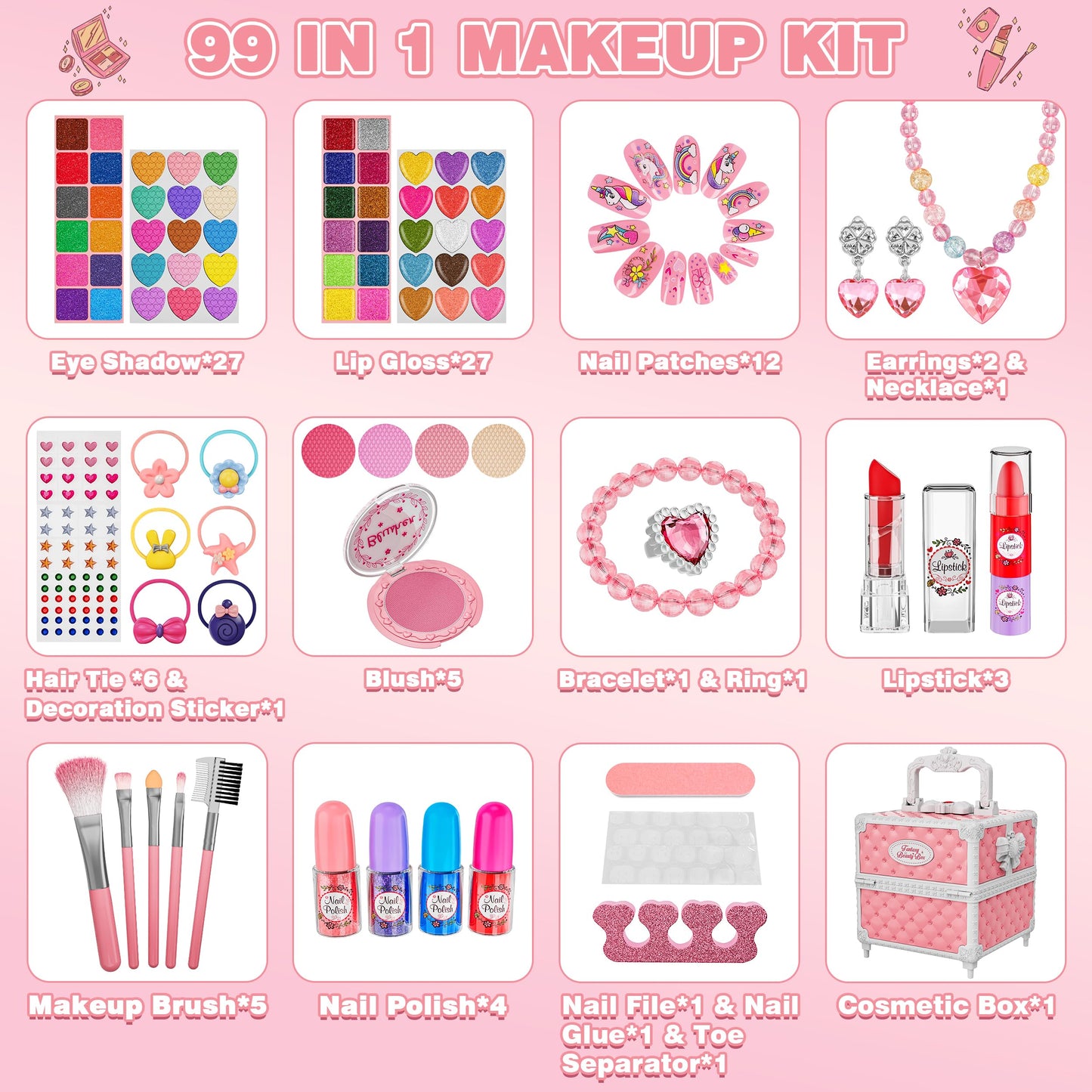 Kuovei 99 Pcs Kids Makeup Kit for Girls – Complete Washable Princess Set with Mirror & Accessories