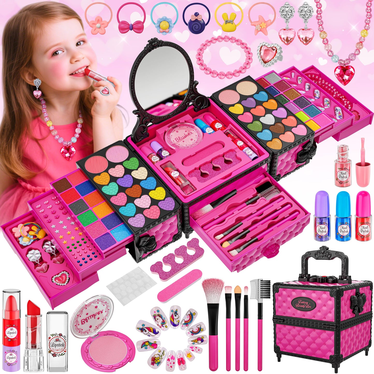 Kuovei 99-Piece Kids Makeup Kit with Mirror | Washable Princess Cosmetics Set for Ages 3–8