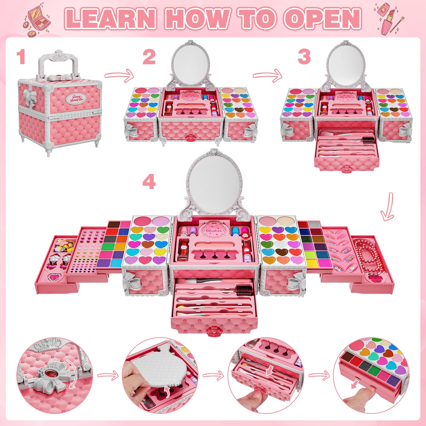 Kuovei 99 Pcs Kids Makeup Kit for Girls – Complete Washable Princess Set with Mirror & Accessories