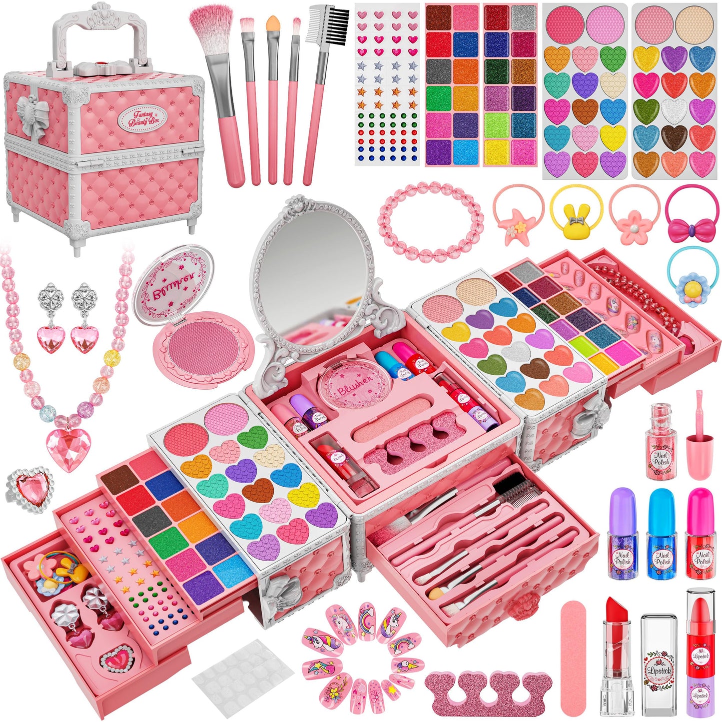 Kuovei 99 Pcs Kids Makeup Kit for Girls – Complete Washable Princess Set with Mirror & Accessories