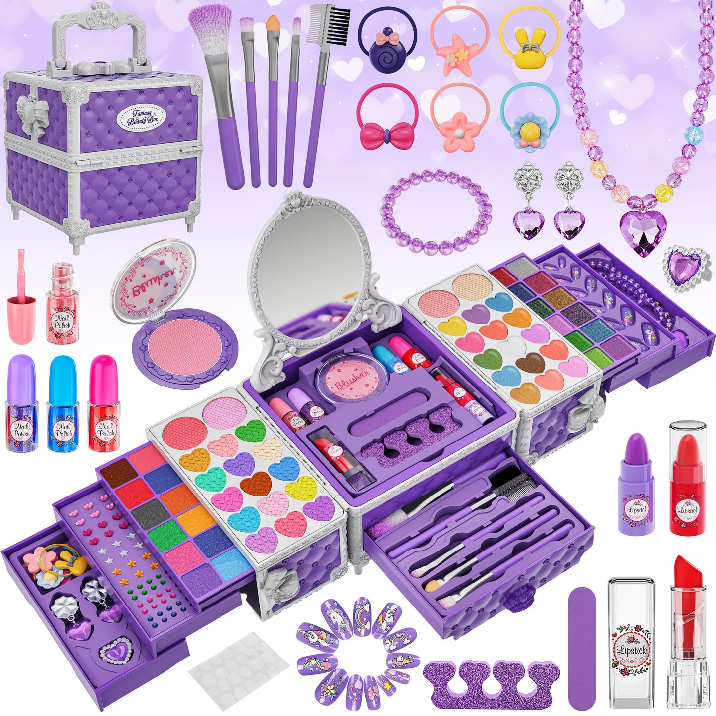 Kuovei 99-Piece Kids Makeup Kit for Girls | Washable, Safe, Mirror Included