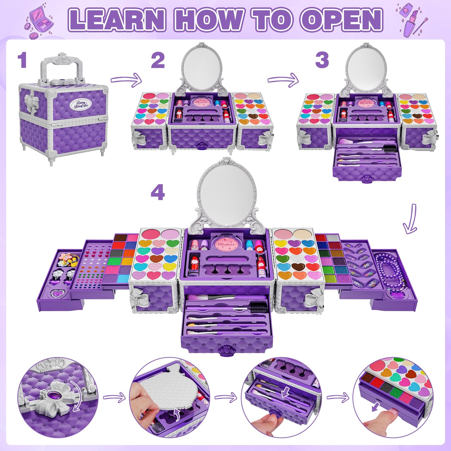 Kuovei 99-Piece Kids Makeup Kit for Girls | Washable, Safe, Mirror Included