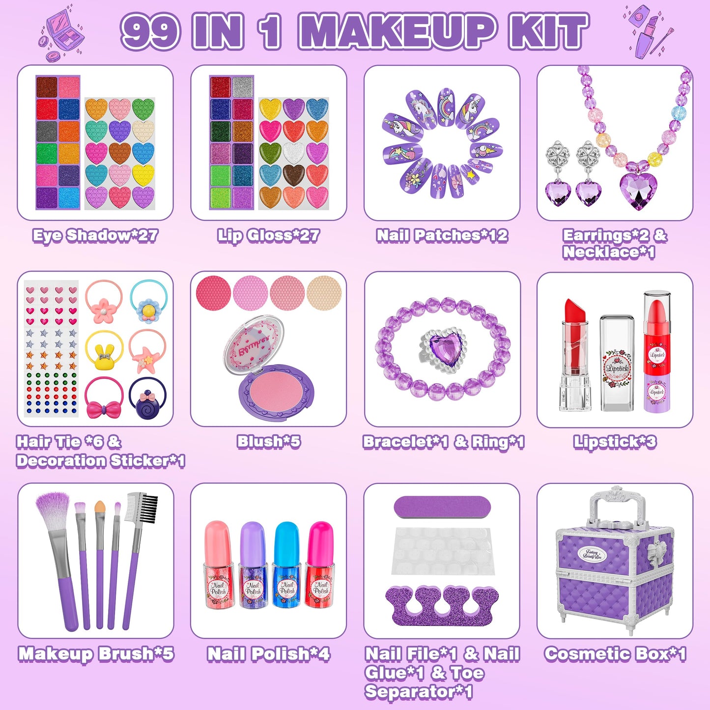 Kuovei 99-Piece Kids Makeup Kit for Girls | Washable, Safe, Mirror Included