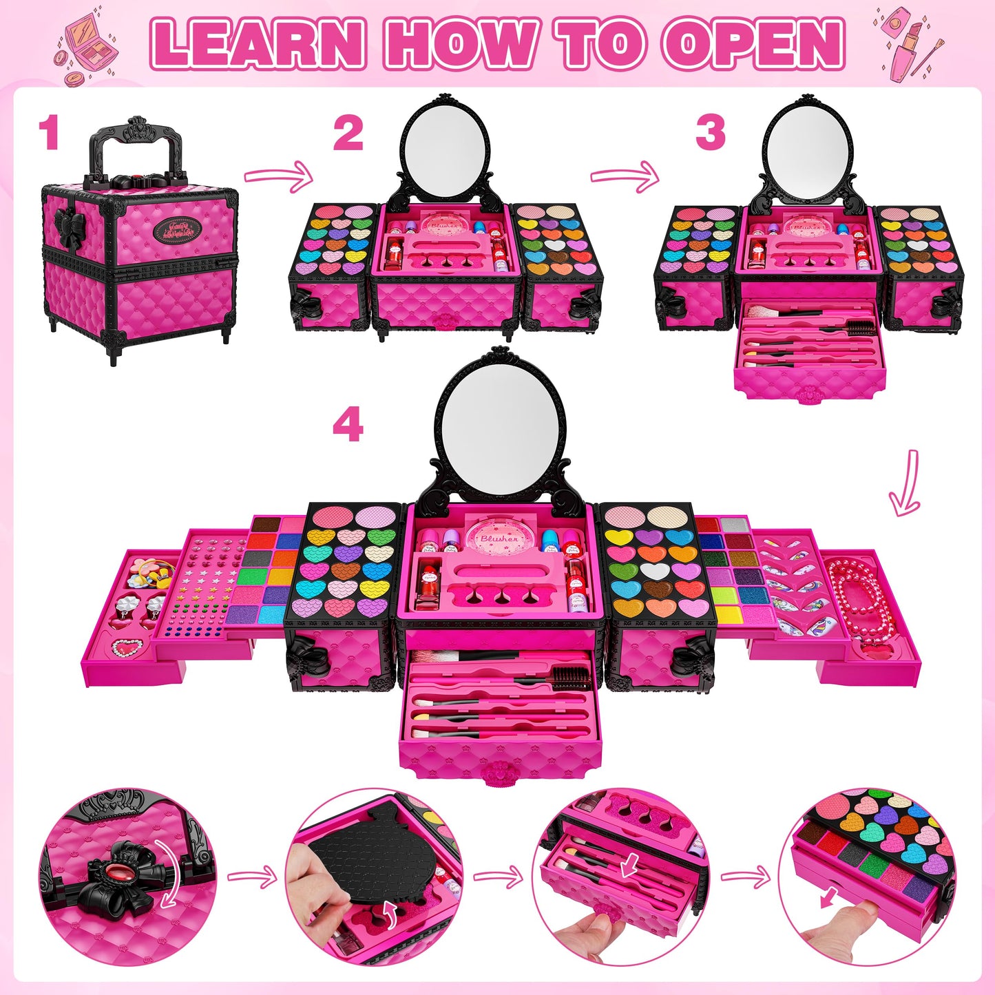 Kuovei 99-Piece Kids Makeup Kit with Mirror | Washable Princess Cosmetics Set for Ages 3–8