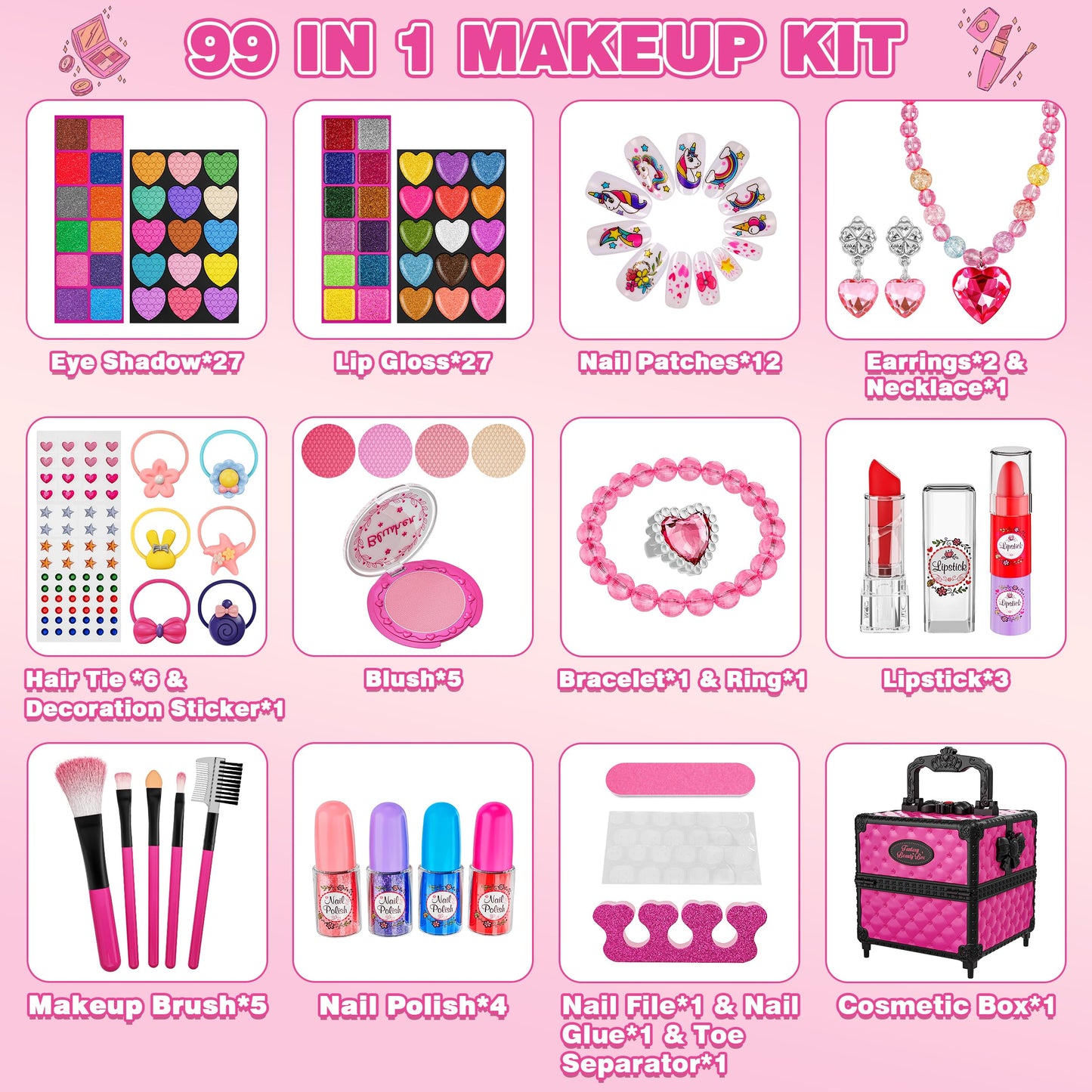 Kuovei 99-Piece Kids Makeup Kit with Mirror | Washable Princess Cosmetics Set for Ages 3–8