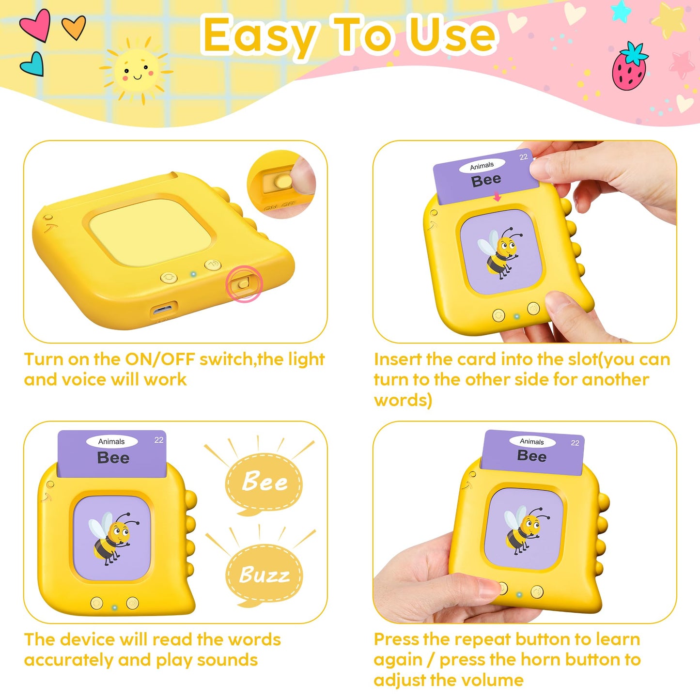 Kuovei Talking Flash Cards – 120 Double-Sided Cards + Reader | Montessori Language Toy for Ages 1–8