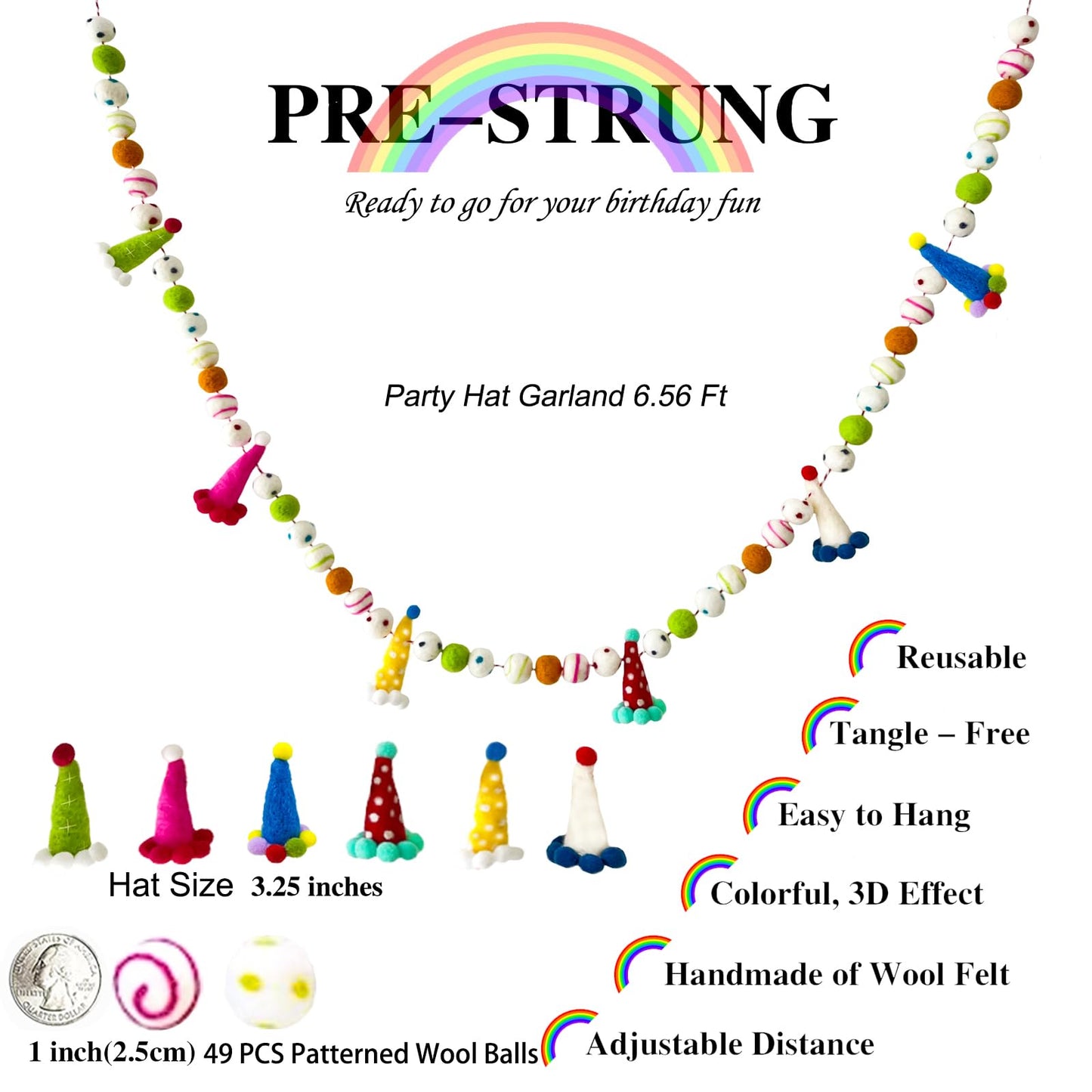 KUQJJQU Pre-Strung Felt Ball Garland – Rainbow Birthday Banner