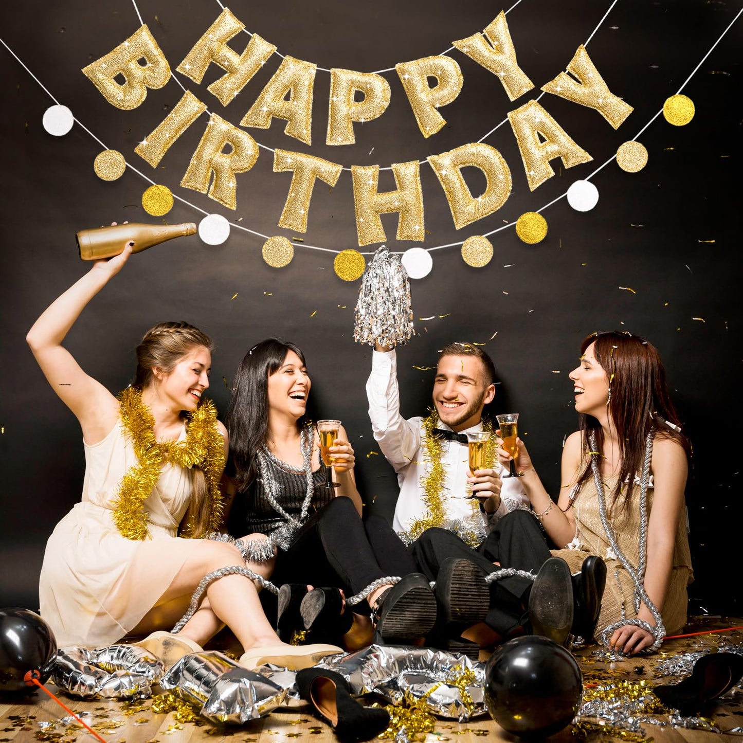 KUQJJQU Pre-strung Gold Glitter Happy Birthday Banner Garland – Reusable Gold Party Decor