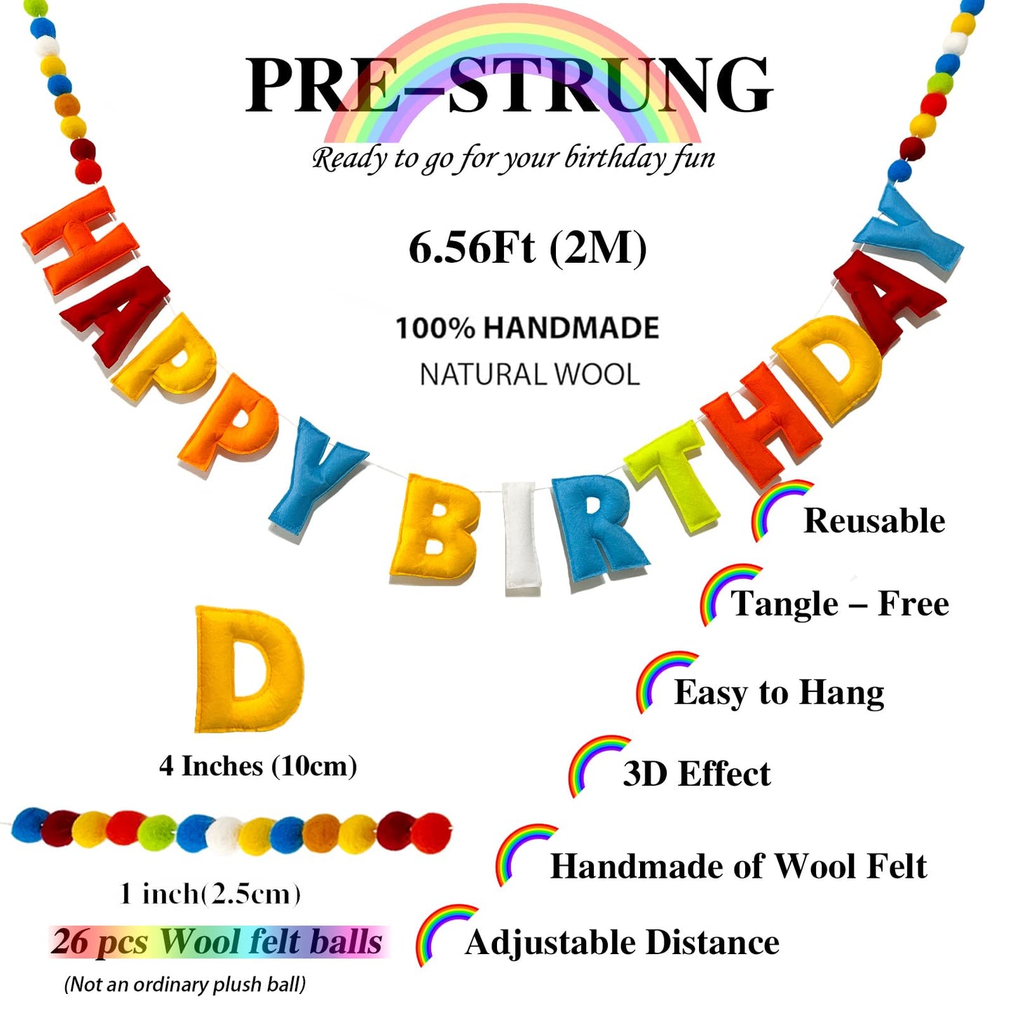 KUQJJQU Pre-Strung Happy Birthday Banner – Rainbow Felt Ball Garland