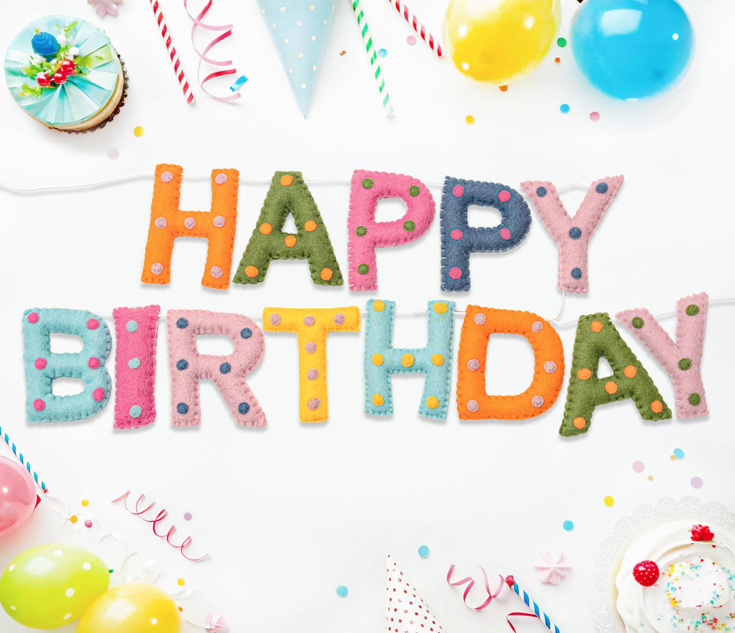 KUQJJQU Pre-Strung Wool Felt Birthday Banner – Colorful 3D Dots Garland