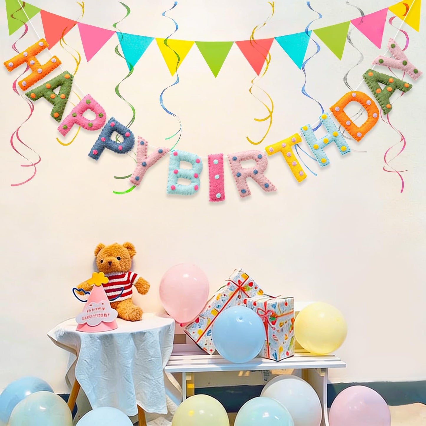KUQJJQU Pre-Strung Wool Felt Birthday Banner – Colorful 3D Dots Garland