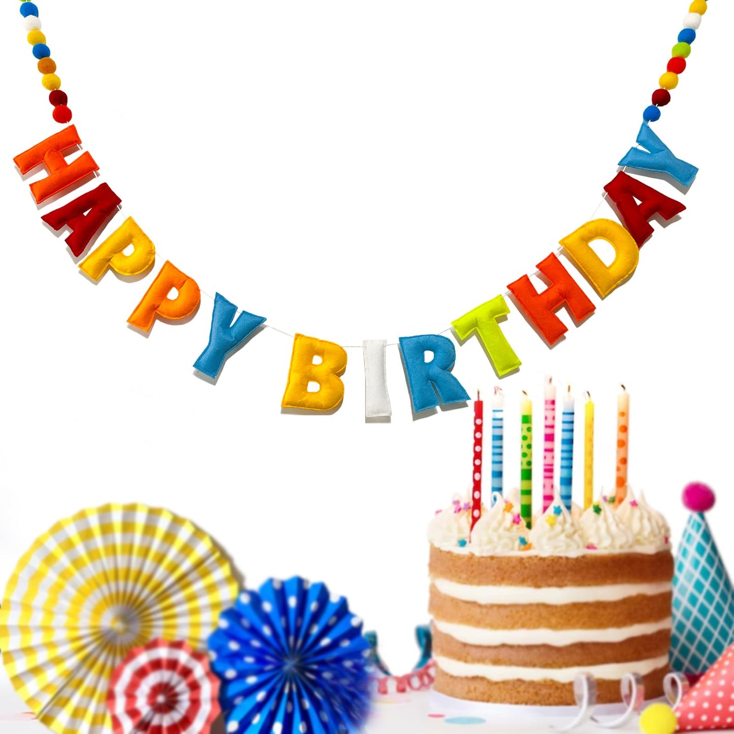 KUQJJQU Pre-Strung Happy Birthday Banner – Rainbow Felt Ball Garland