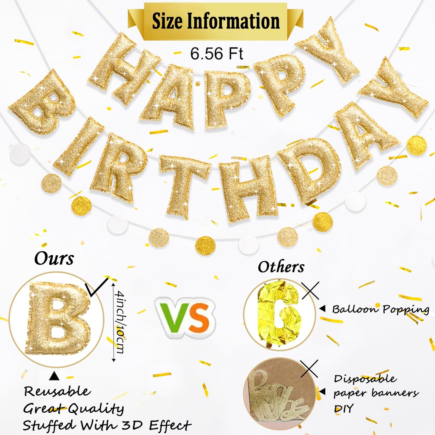 KUQJJQU Pre-strung Gold Glitter Happy Birthday Banner Garland – Reusable Gold Party Decor