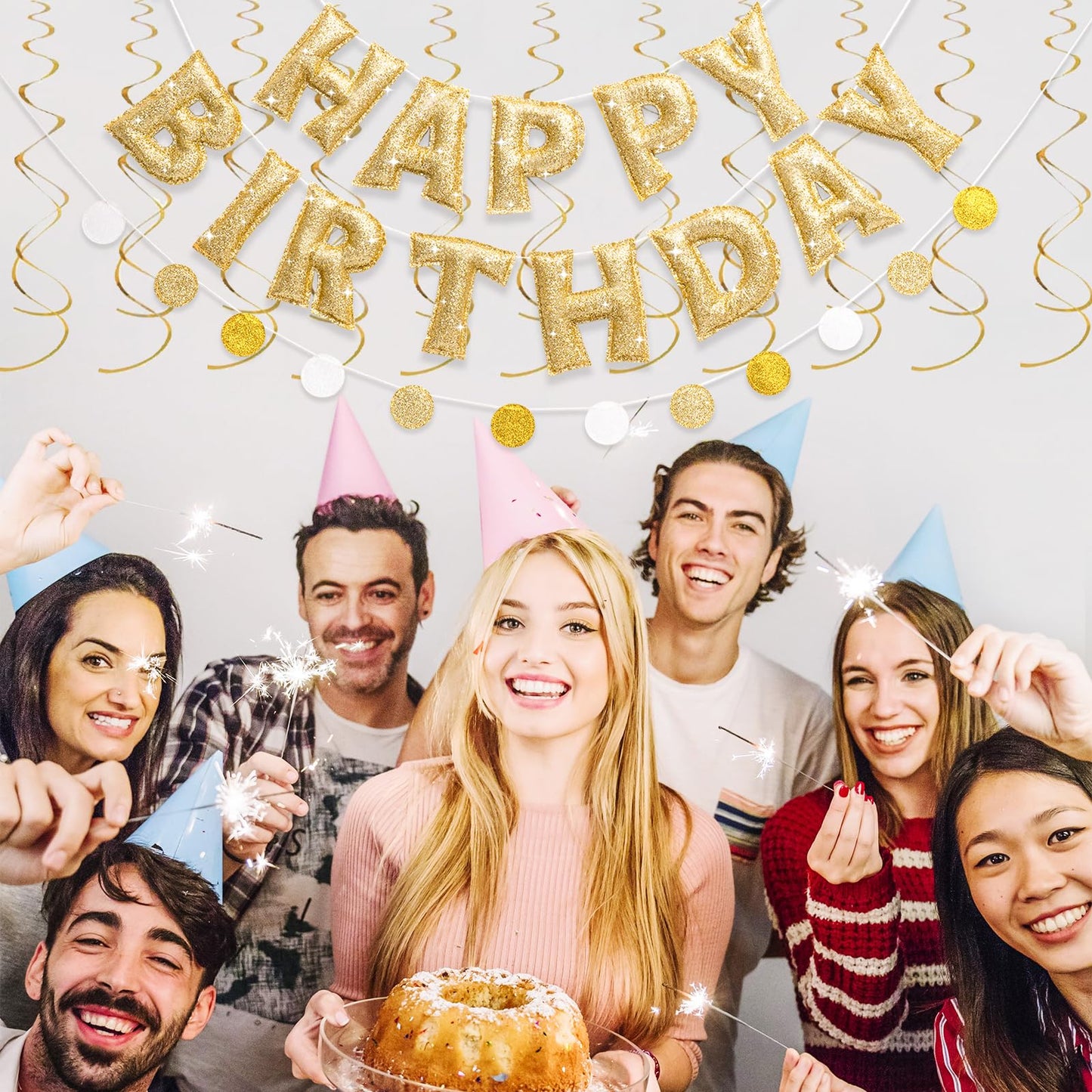 KUQJJQU Pre-strung Gold Glitter Happy Birthday Banner Garland – Reusable Gold Party Decor