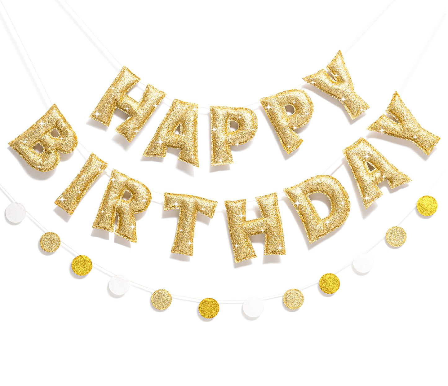 KUQJJQU Pre-strung Gold Glitter Happy Birthday Banner Garland – Reusable Gold Party Decor