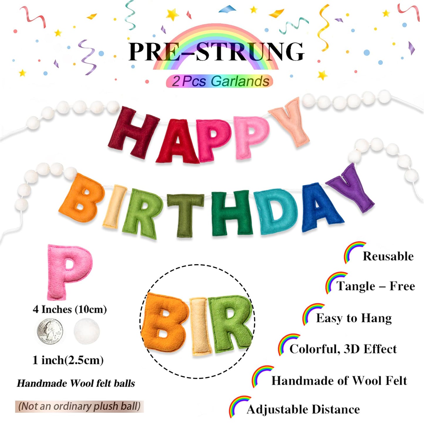 KUQJJQU 2Pcs Upgraded Pre-Strung Wool Felt Happy Birthday Banner – Rainbow Party Decor