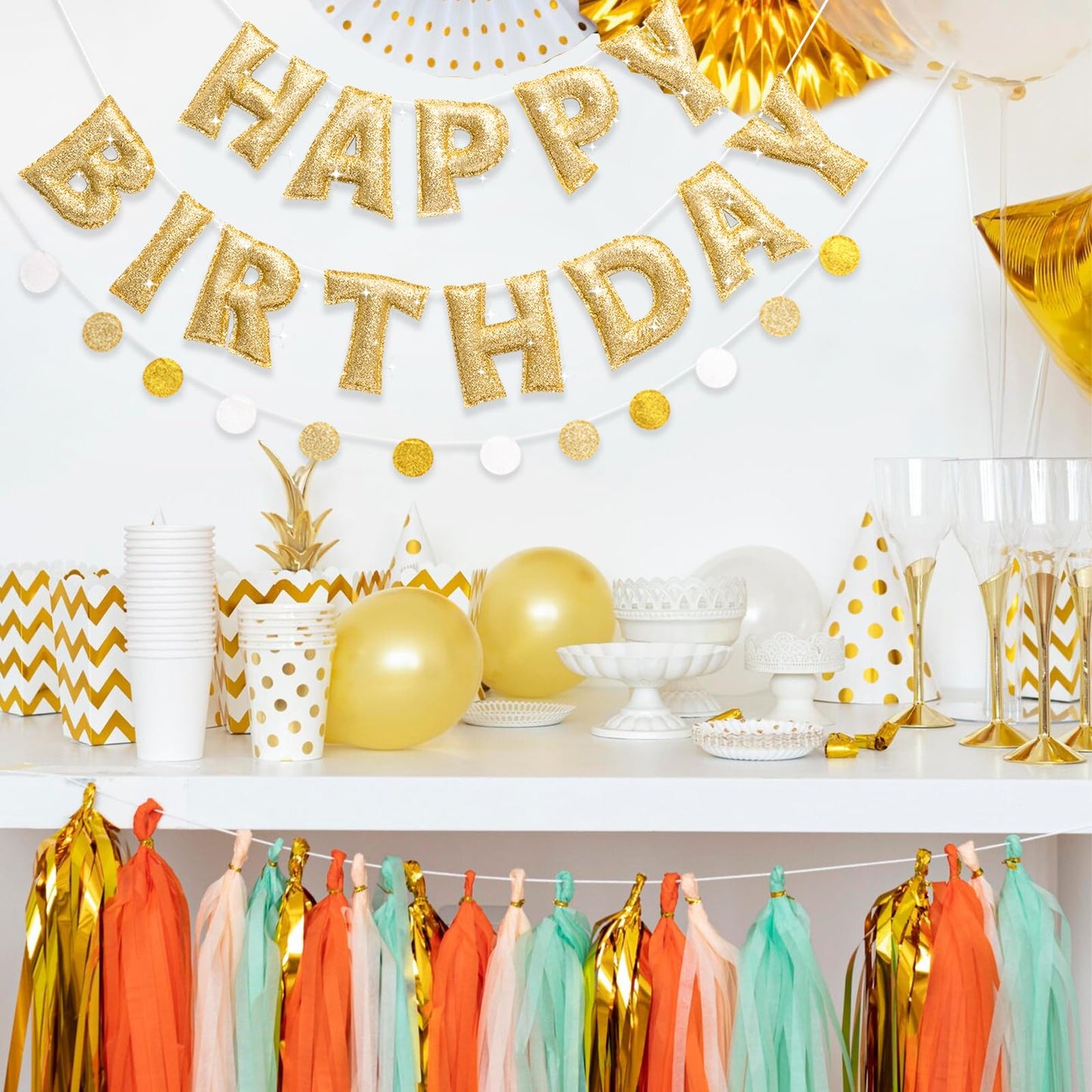 KUQJJQU Pre-strung Gold Glitter Happy Birthday Banner Garland – Reusable Gold Party Decor