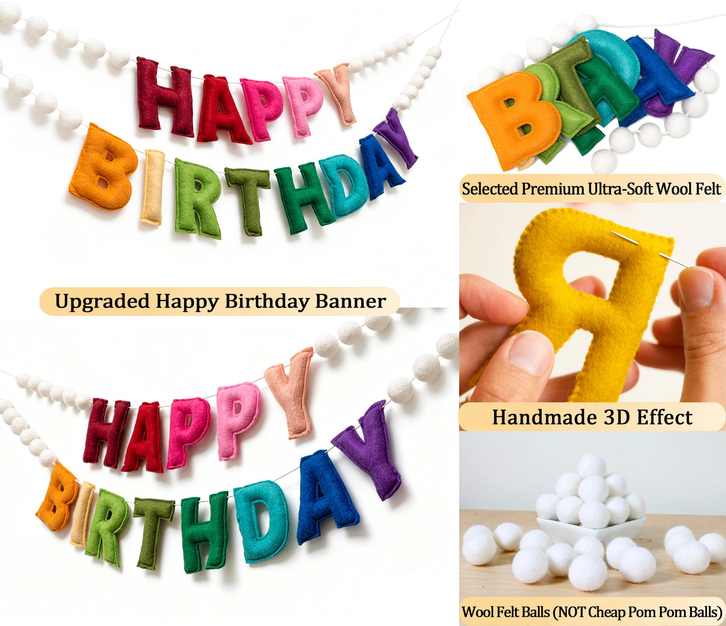 KUQJJQU 2Pcs Upgraded Pre-Strung Wool Felt Happy Birthday Banner – Rainbow Party Decor