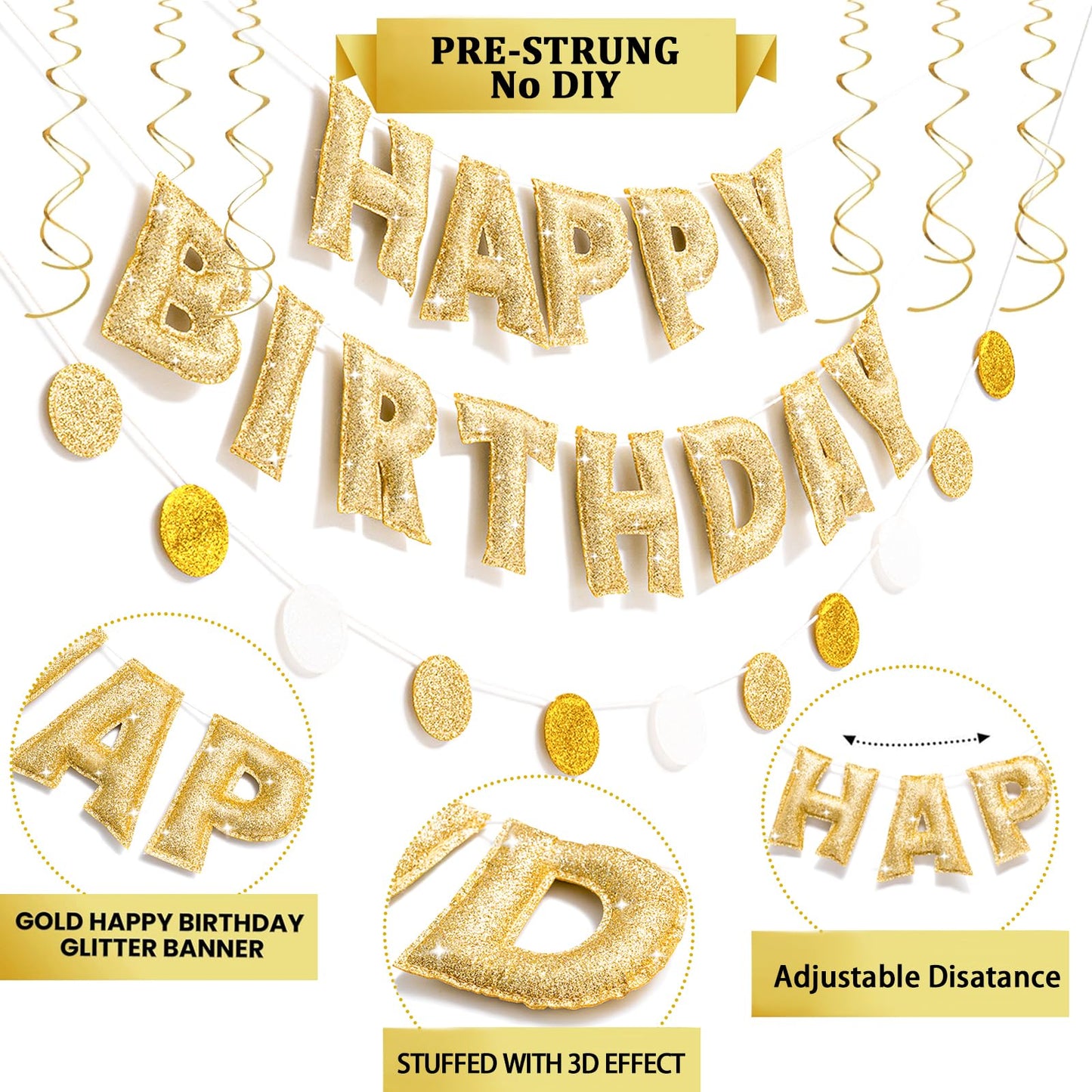 KUQJJQU Pre-strung Gold Glitter Happy Birthday Banner Garland – Reusable Gold Party Decor