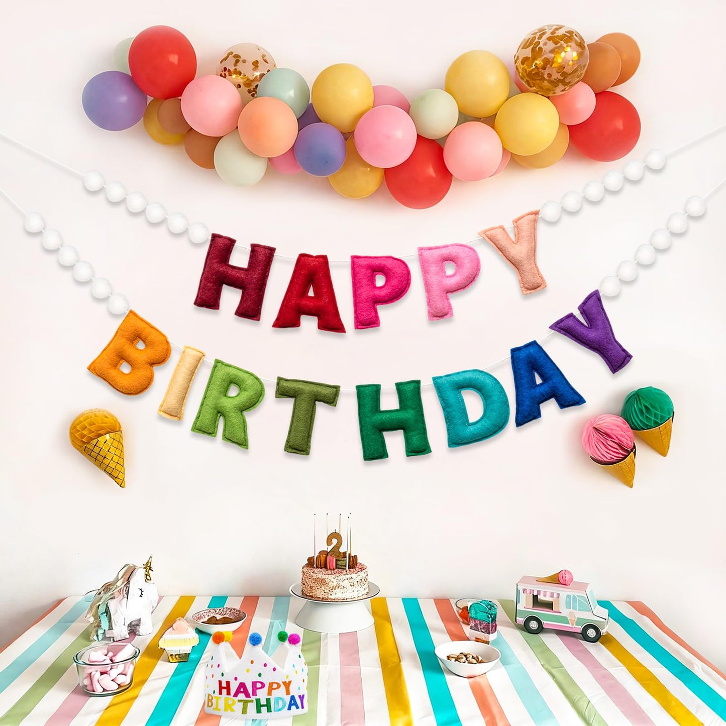KUQJJQU 2Pcs Upgraded Pre-Strung Wool Felt Happy Birthday Banner – Rainbow Party Decor