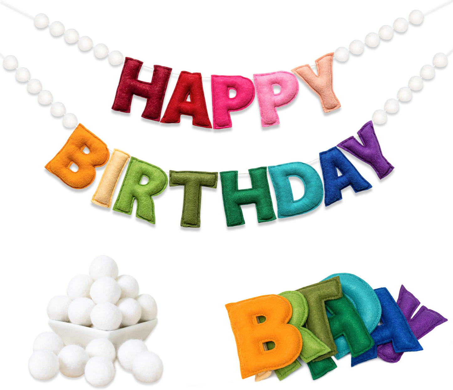 KUQJJQU 2Pcs Upgraded Pre-Strung Wool Felt Happy Birthday Banner – Rainbow Party Decor