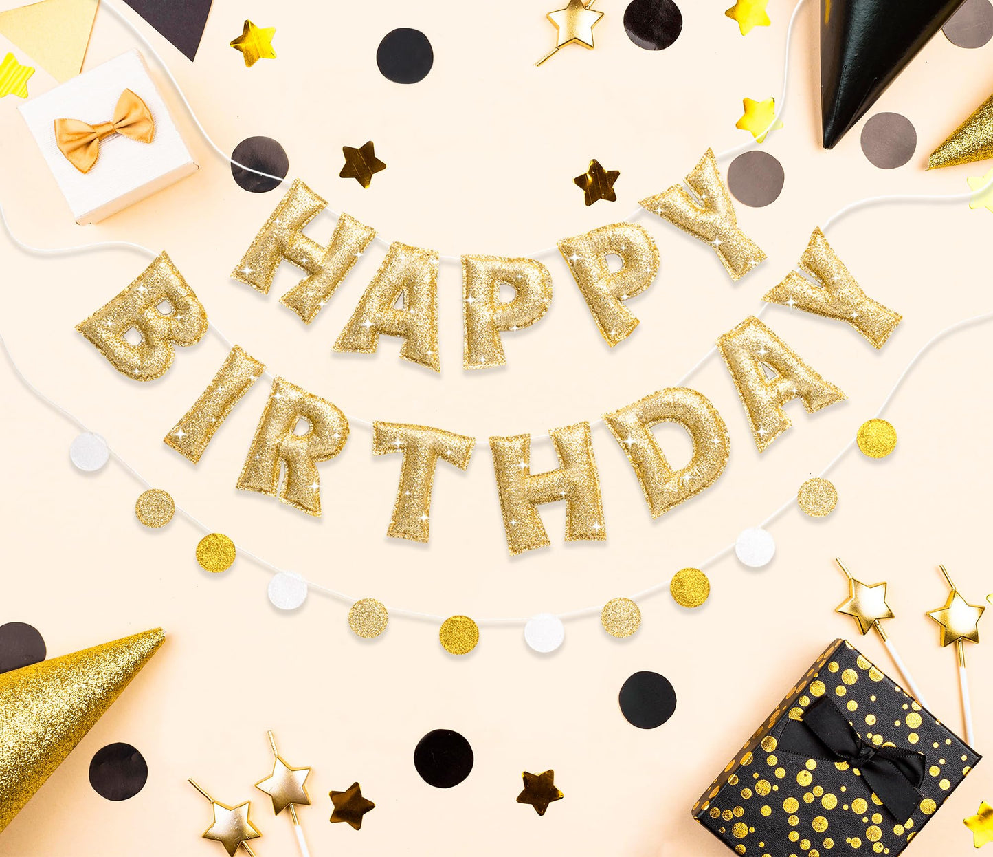 KUQJJQU Pre-strung Gold Glitter Happy Birthday Banner Garland – Reusable Gold Party Decor