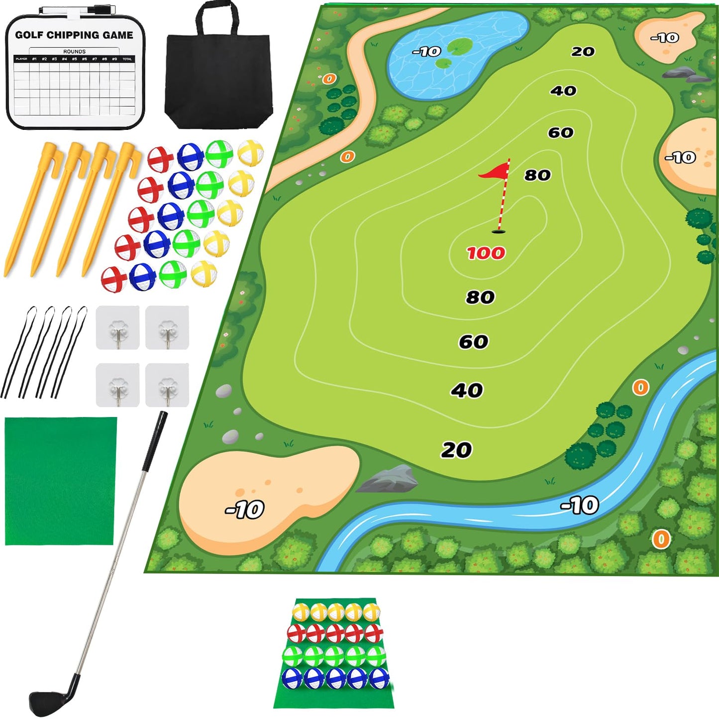 KuroShine 37pcs Golf Chipping Game Set – Indoor/Outdoor Practice Mat, Balls, Scoreboard & Storage Bag