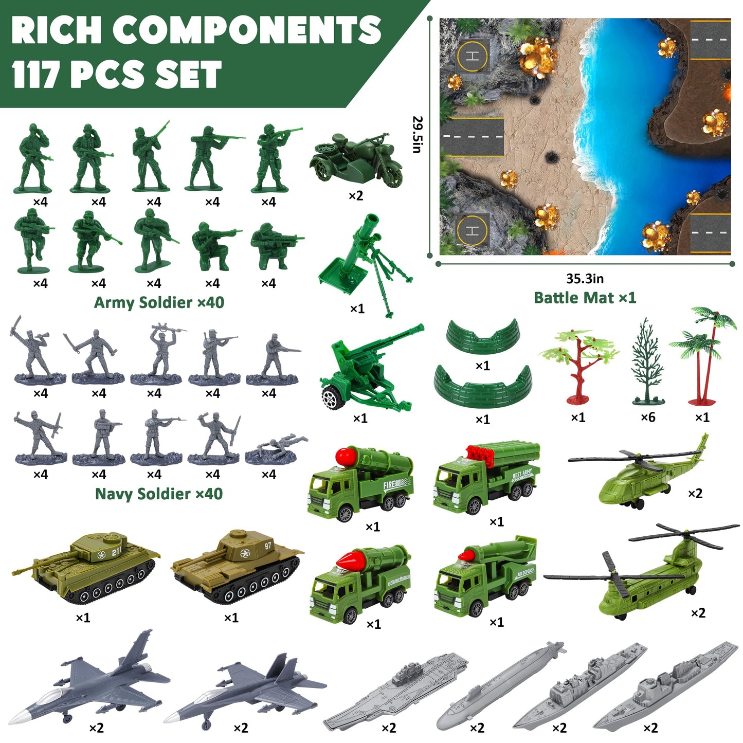 Kusntin Army Men Playset – 117-Piece Military Toys with Battle Mat, Tanks, Helicopter & Submarine for Kids 4–12
