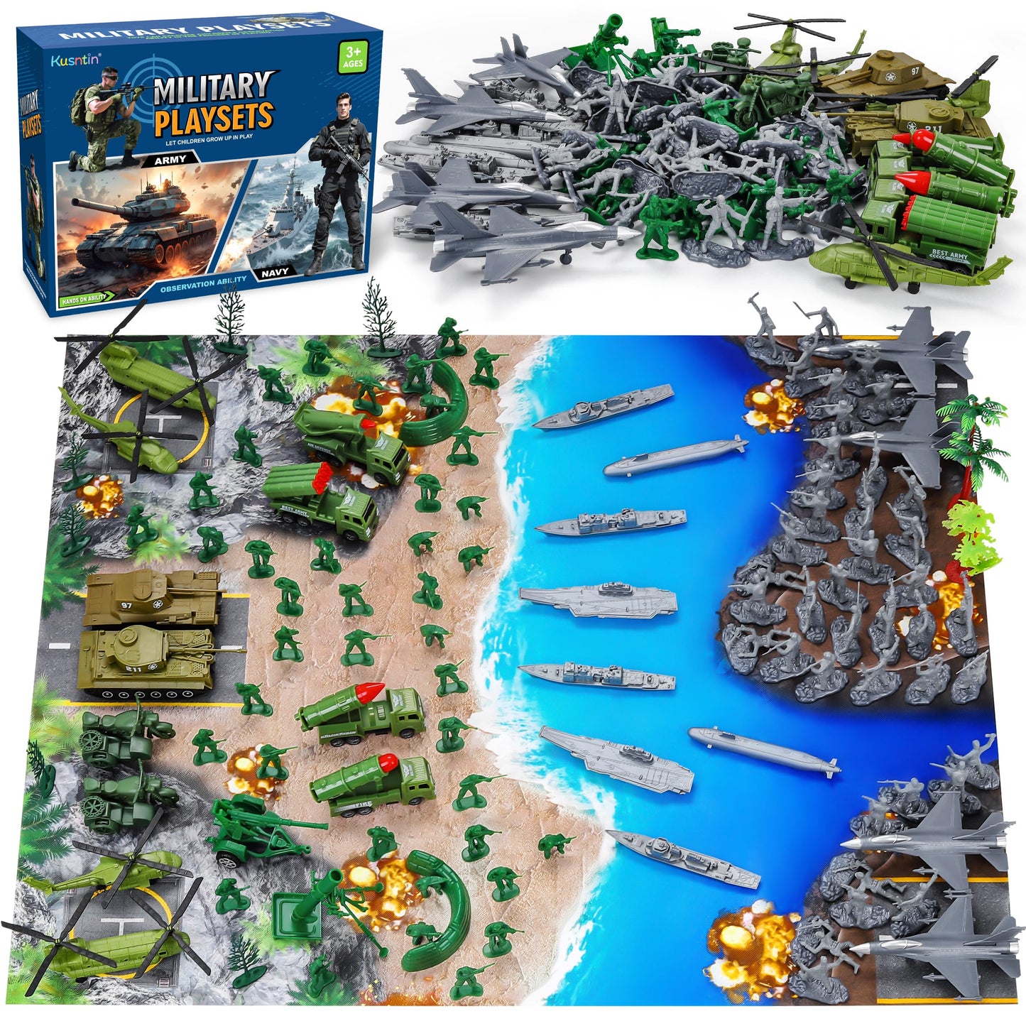 Kusntin Army Men Playset – 117-Piece Military Toys with Battle Mat, Tanks, Helicopter & Submarine for Kids 4–12