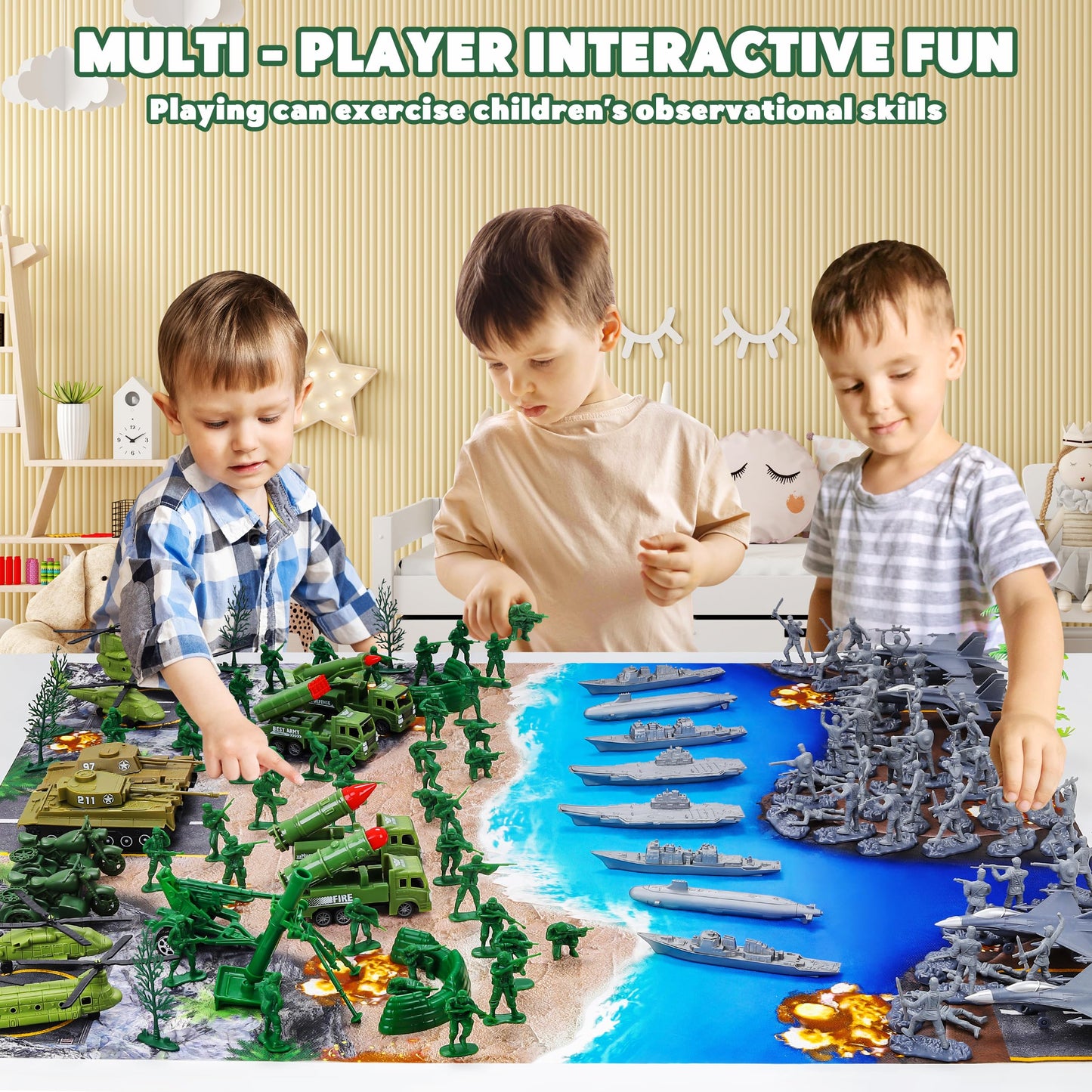 Kusntin Army Men Playset – 117-Piece Military Toys with Battle Mat, Tanks, Helicopter & Submarine for Kids 4–12