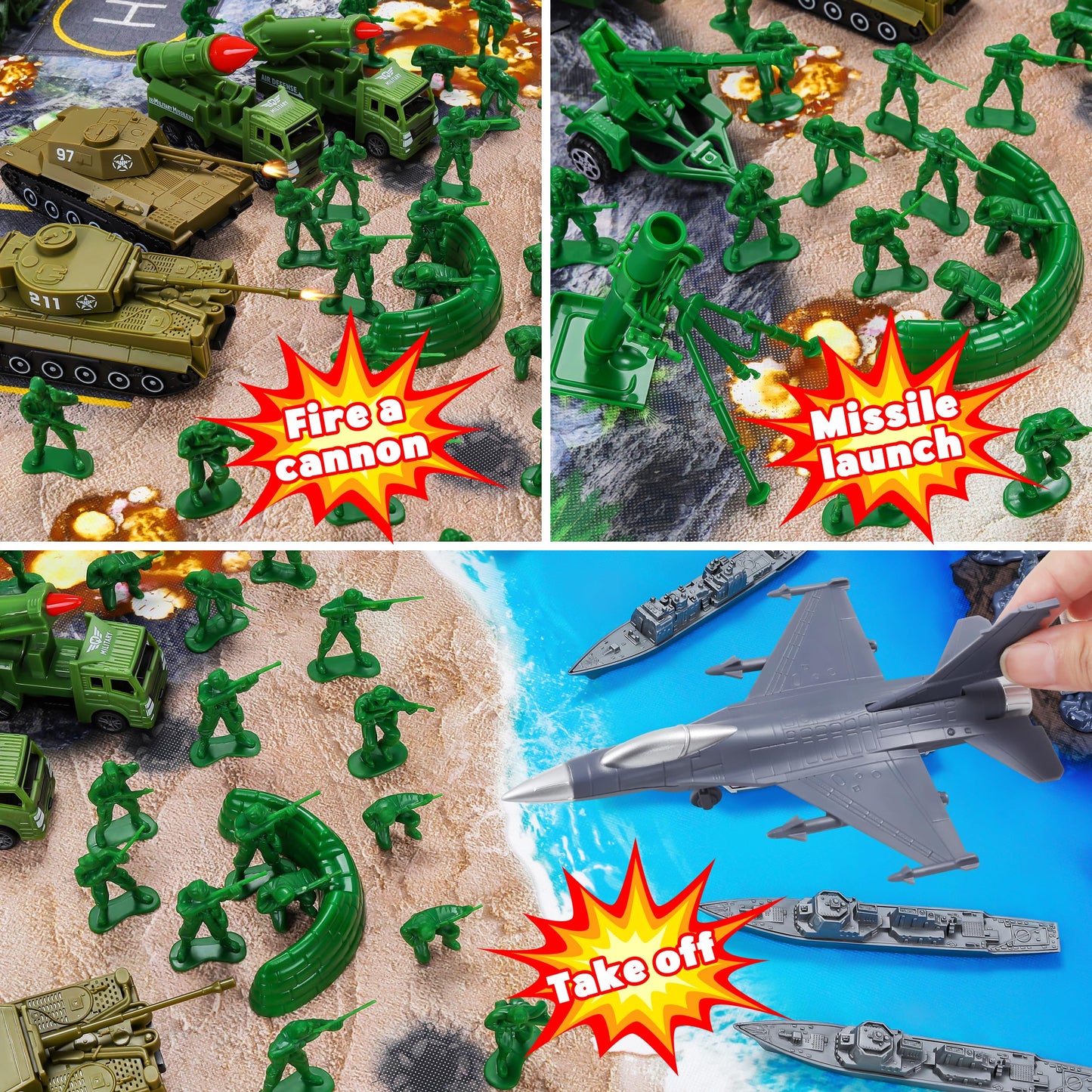 Kusntin Army Men Playset – 117-Piece Military Toys with Battle Mat, Tanks, Helicopter & Submarine for Kids 4–12