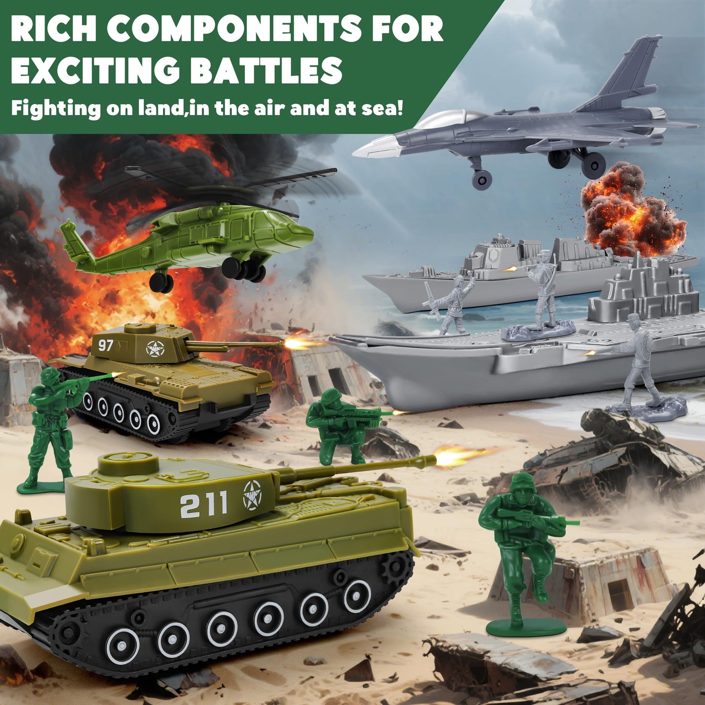 Kusntin Army Men Playset – 117-Piece Military Toys with Battle Mat, Tanks, Helicopter & Submarine for Kids 4–12