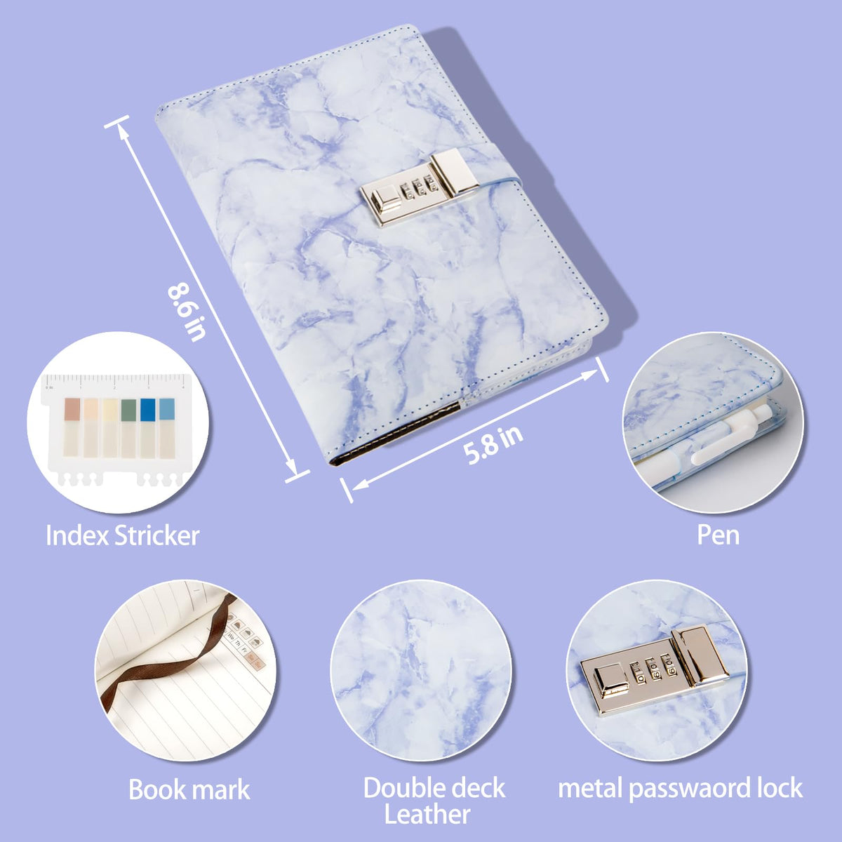 Kutoda Marble Diary with Lock – 192 Pages, A5 Waterproof Locked Journal for Women and Teens