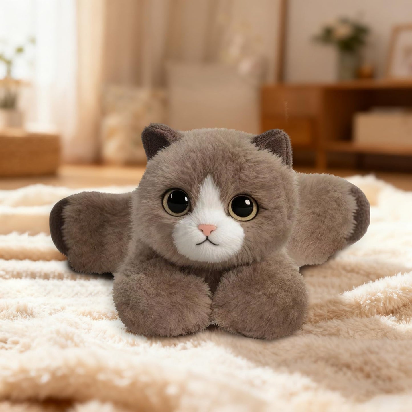 KUUDESOXX Brown Lying Cat Stuffed Animal – Plush Toy for Adults, Cozy Hug Companion