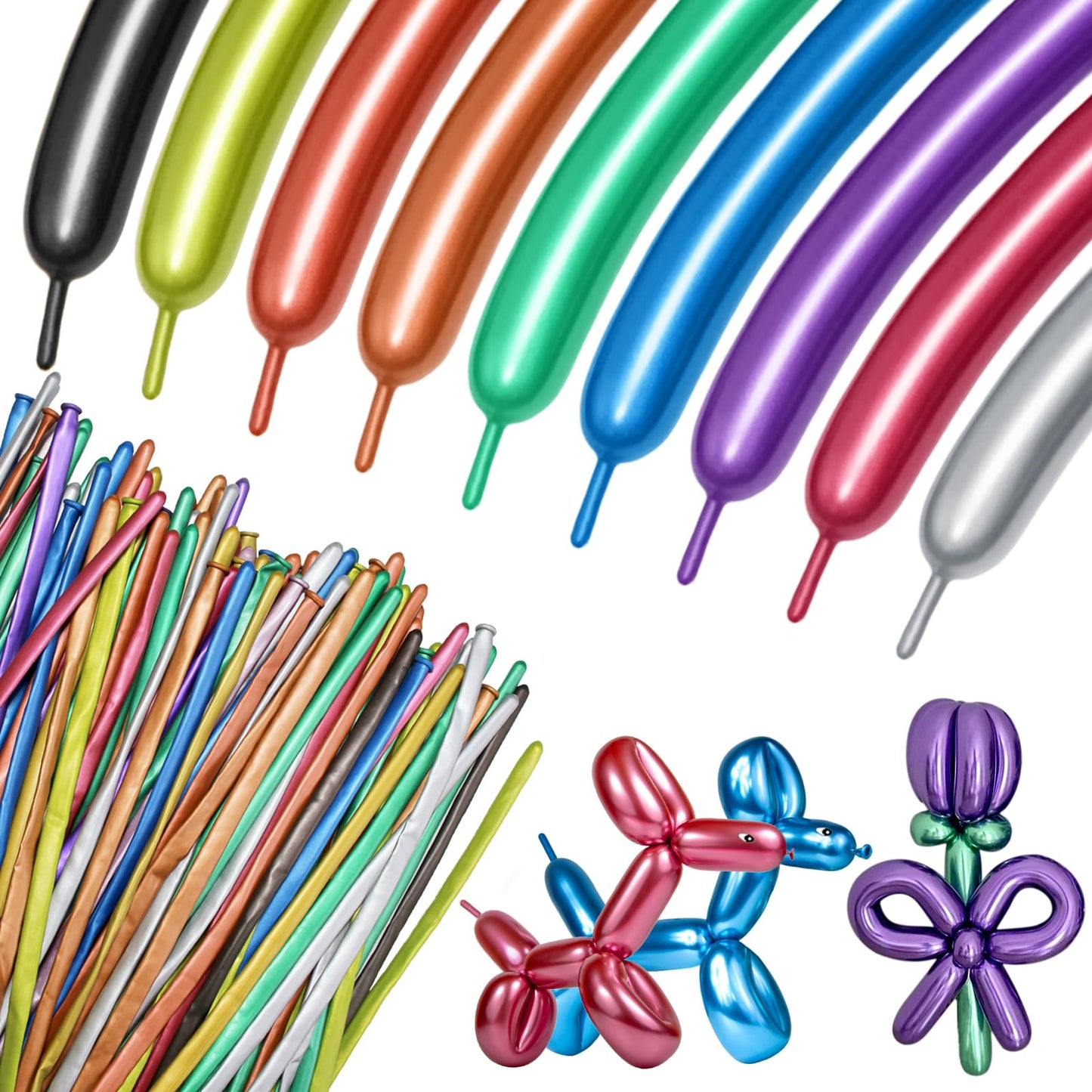 KUULBELA 100Pcs 260 Metallic Long Balloons for Balloon Animals | Twistable Thick Latex
