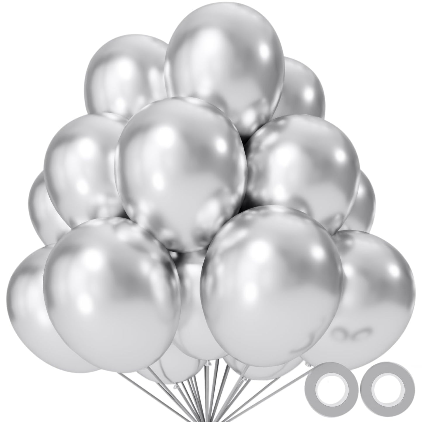 KUULBELA 110pcs Metallic Silver Balloons – 12-Inch Latex with Ribbons for Parties