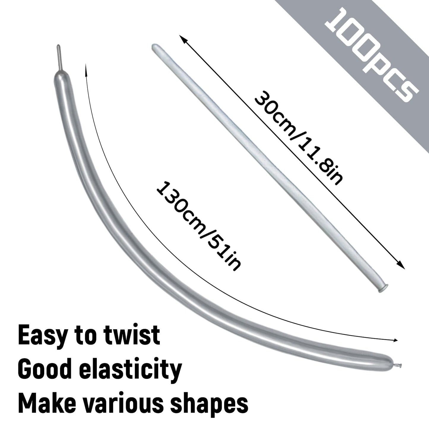 KUULBELA 100Pcs 260 Balloons – Metallic Silver Long Balloons for Creative Balloon Animals & Party Decor
