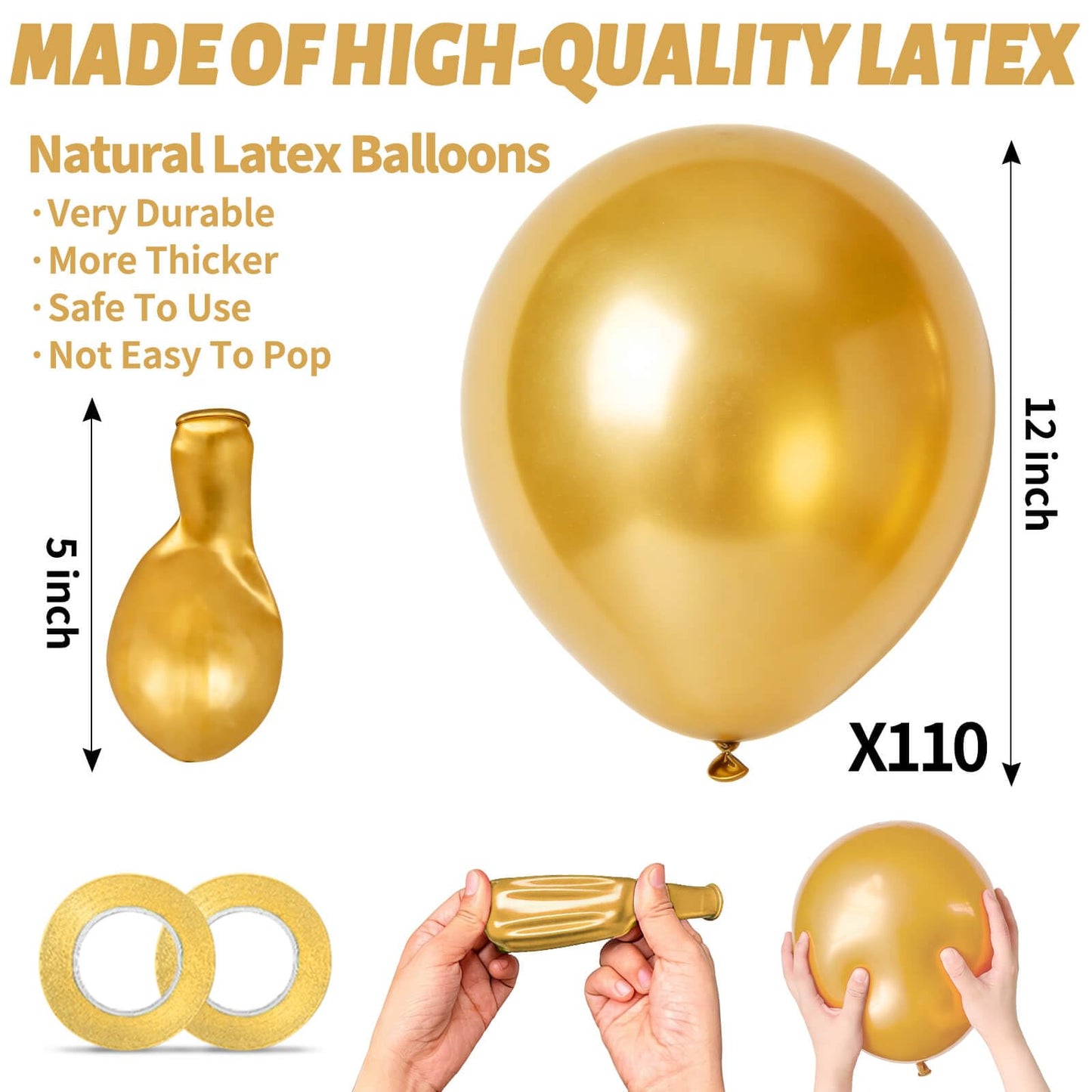 KUULBELA 110pcs Metallic Gold Balloons – 12 inch Latex, Includes 2 Ribbons