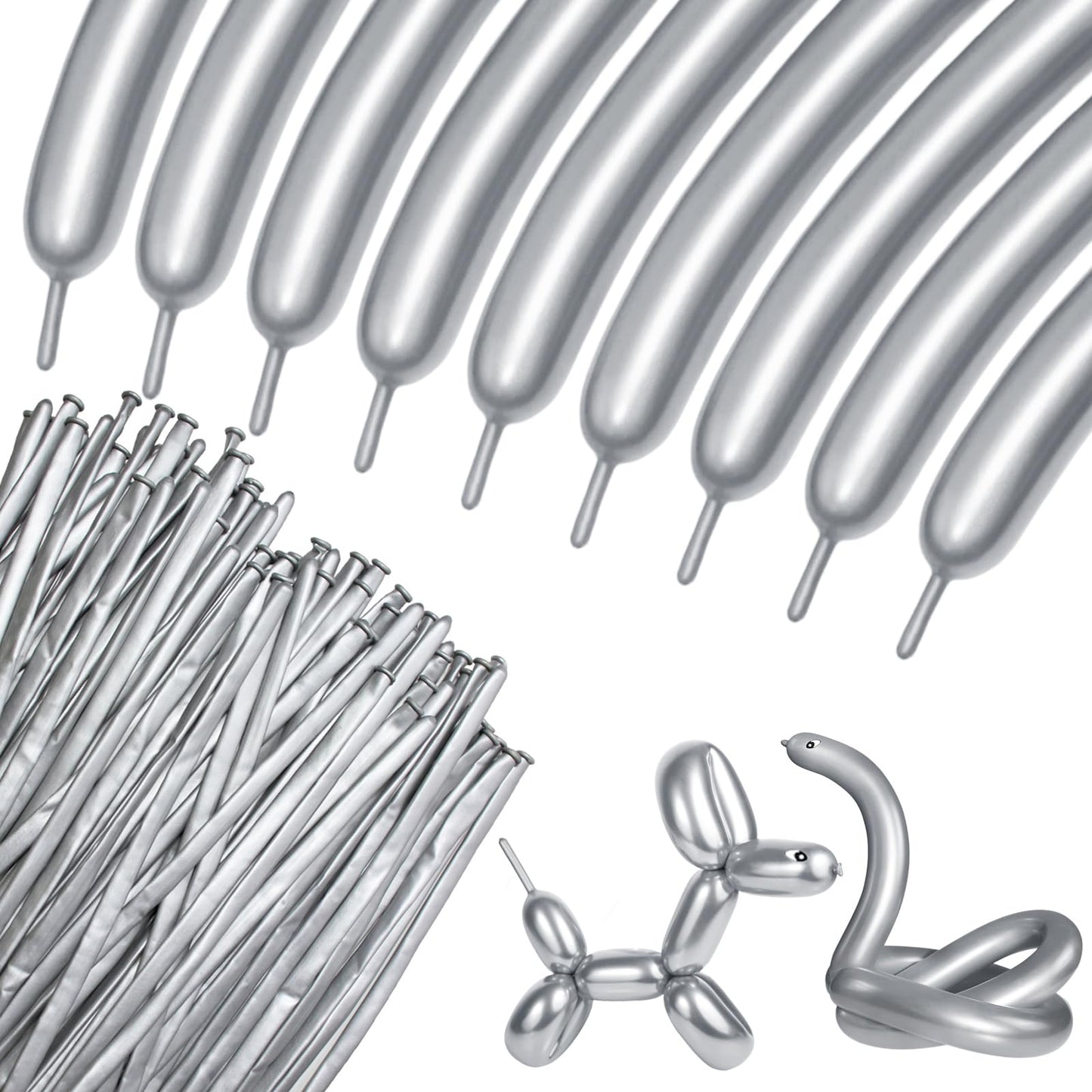 KUULBELA 100Pcs 260 Balloons – Metallic Silver Long Balloons for Creative Balloon Animals & Party Decor