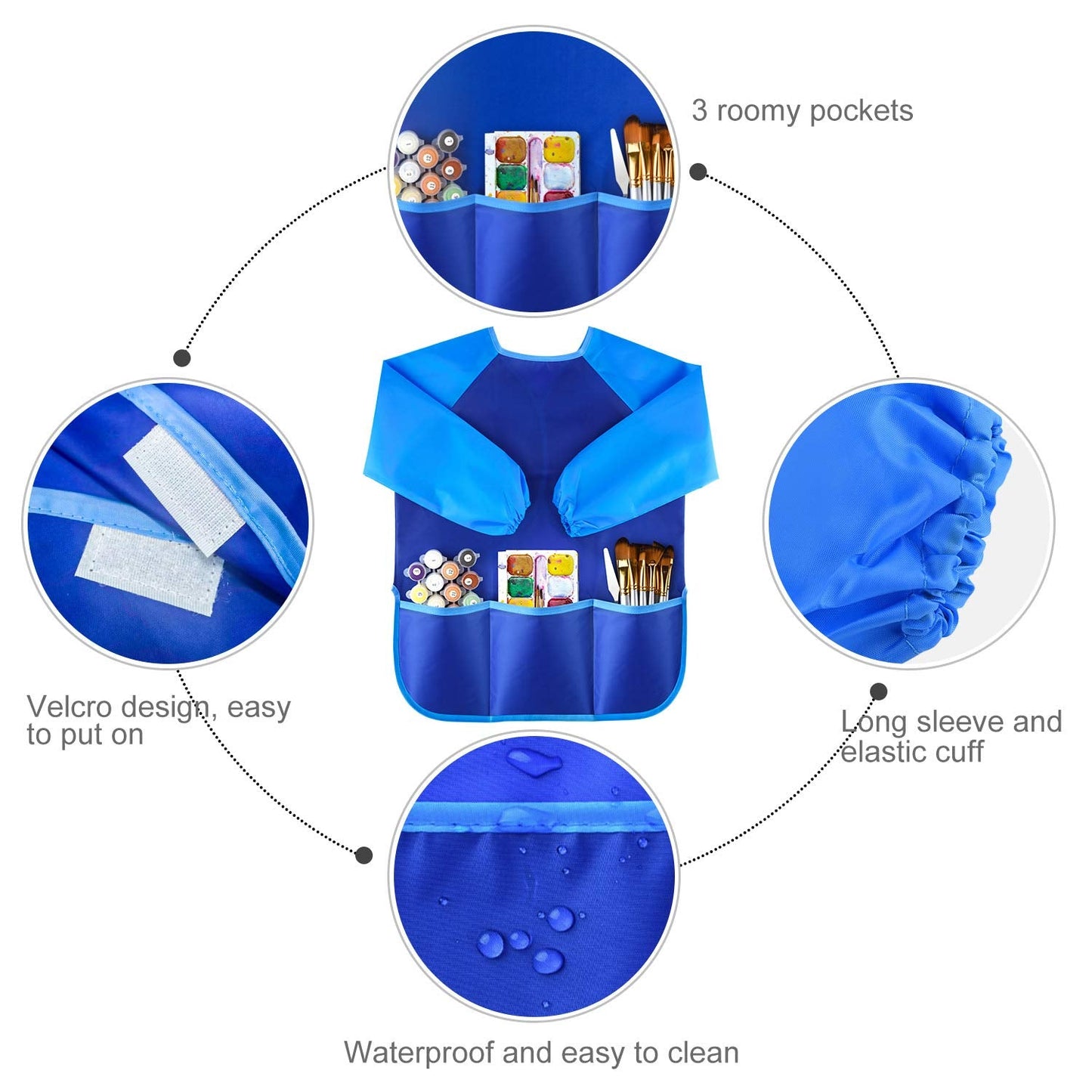 KUUQA Waterproof Kids Art Smock with 3 Pockets - Adjustable and Washable