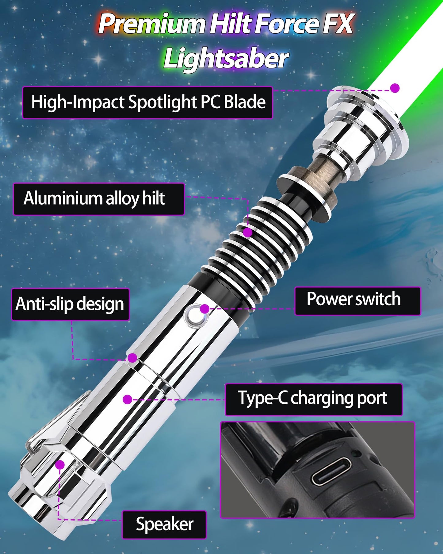 KUVPOT Motion Control Lightsaber for Adults – 12 RGB Colors, 16 Sound Fonts, Premium Metal FX
