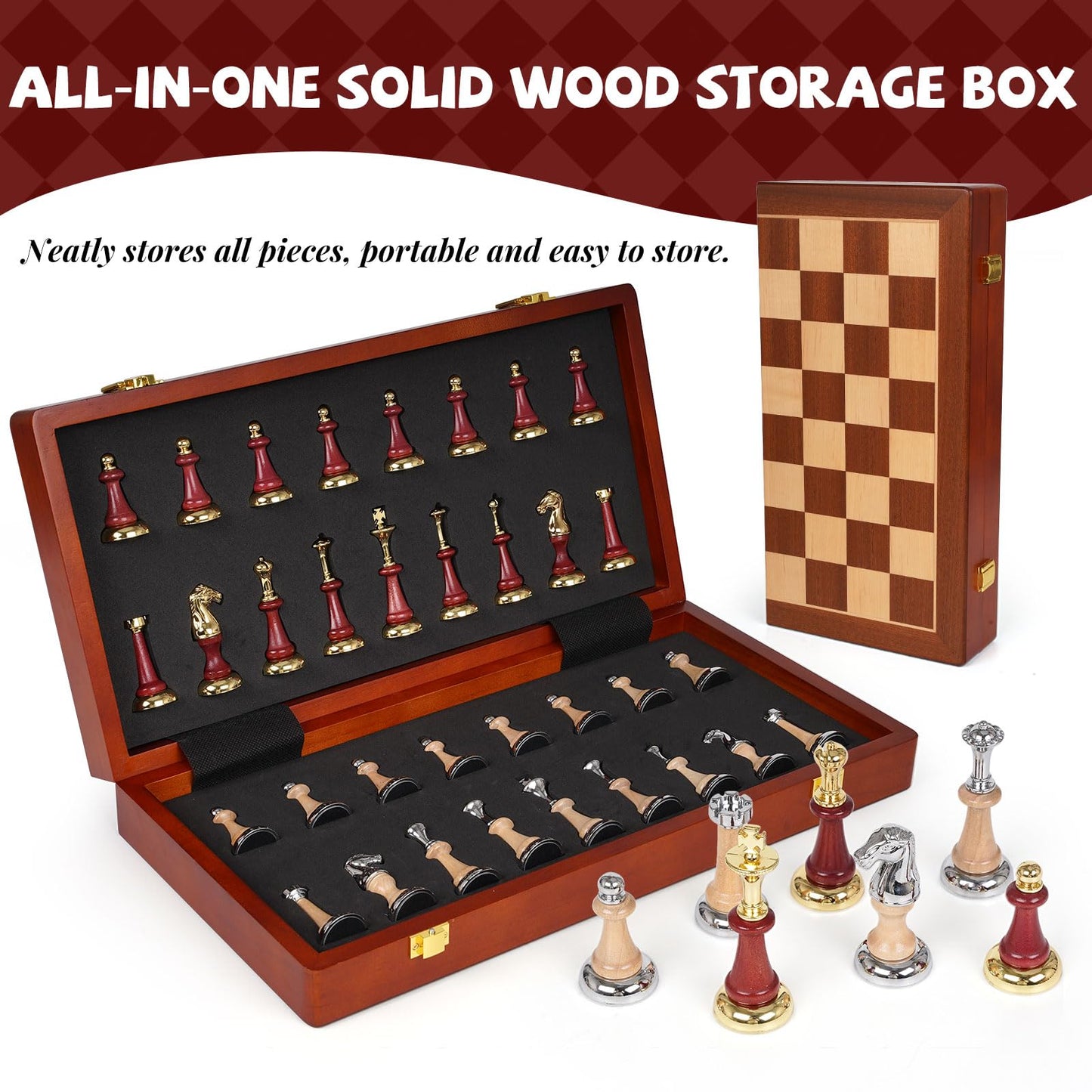 Kvintes Large Wooden Chess Set — 17-Inch Board, Metal & Wooden Pieces, 2 Extra Queens