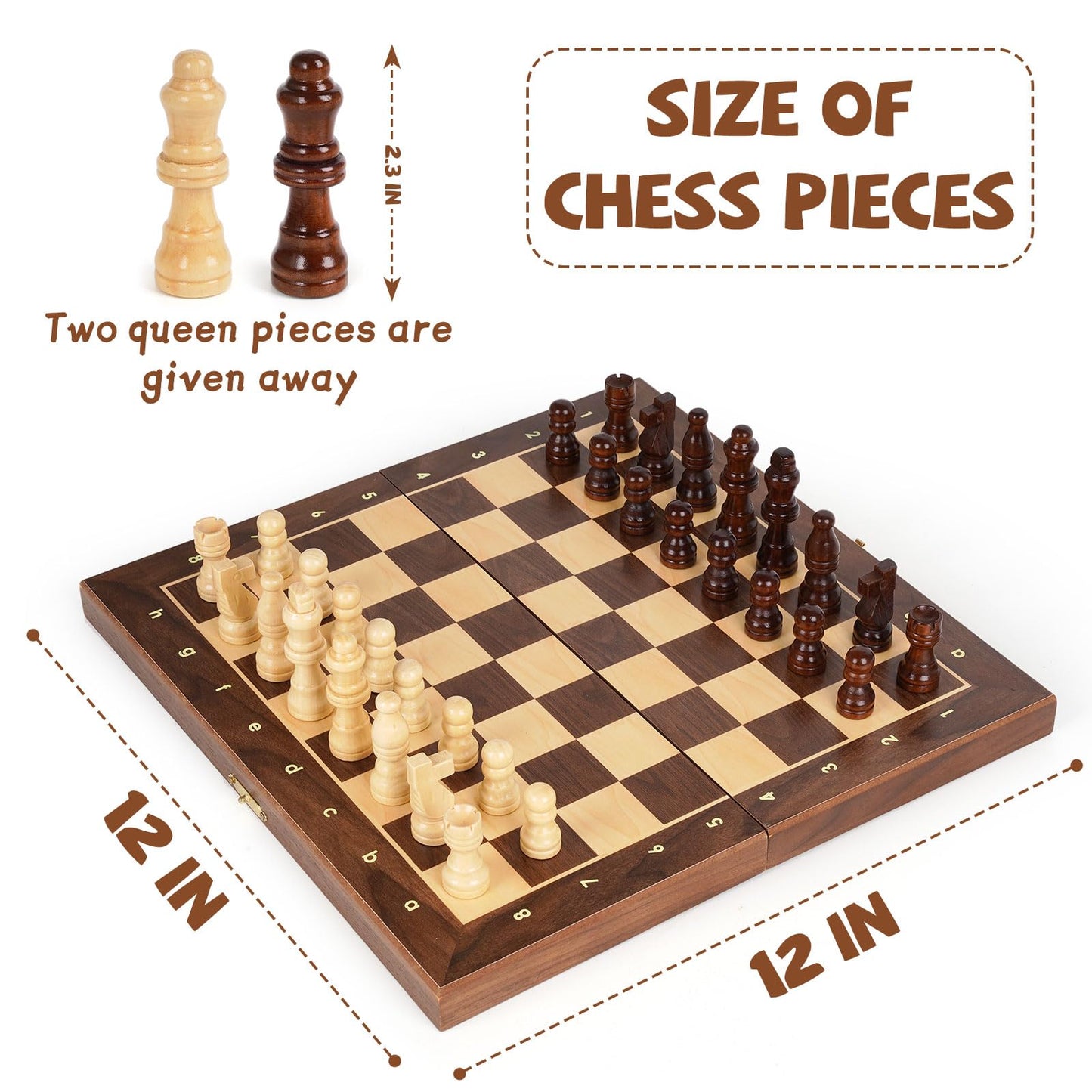 Kvintes Magnetic Travel Chess Set — 12-Inch Folding Wooden Board with Extra Queen